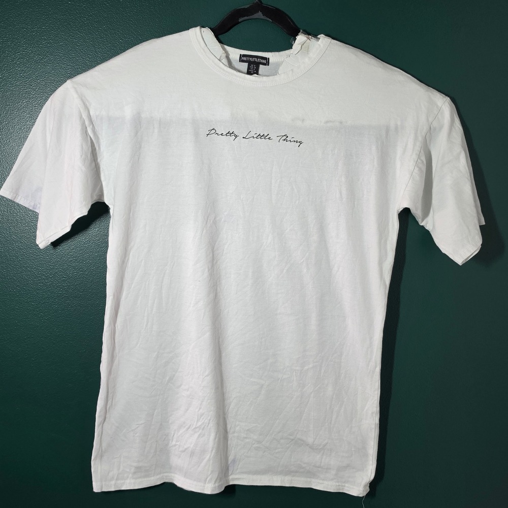 PrettyLittleThing Womens White Script Logo Graphic T-Shirt Size US 4 UK 8 EUR 36